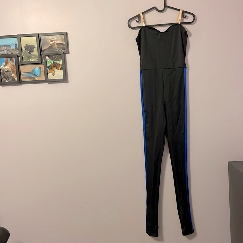 Weissman Black with Shiny Blue Stripe Dance Jumpsuit Unitard size SA (4/6)